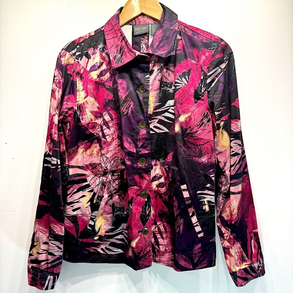 Chico’s Additions Colorful Metallic Leaf Print Lightweight Long Sleeve Jacket